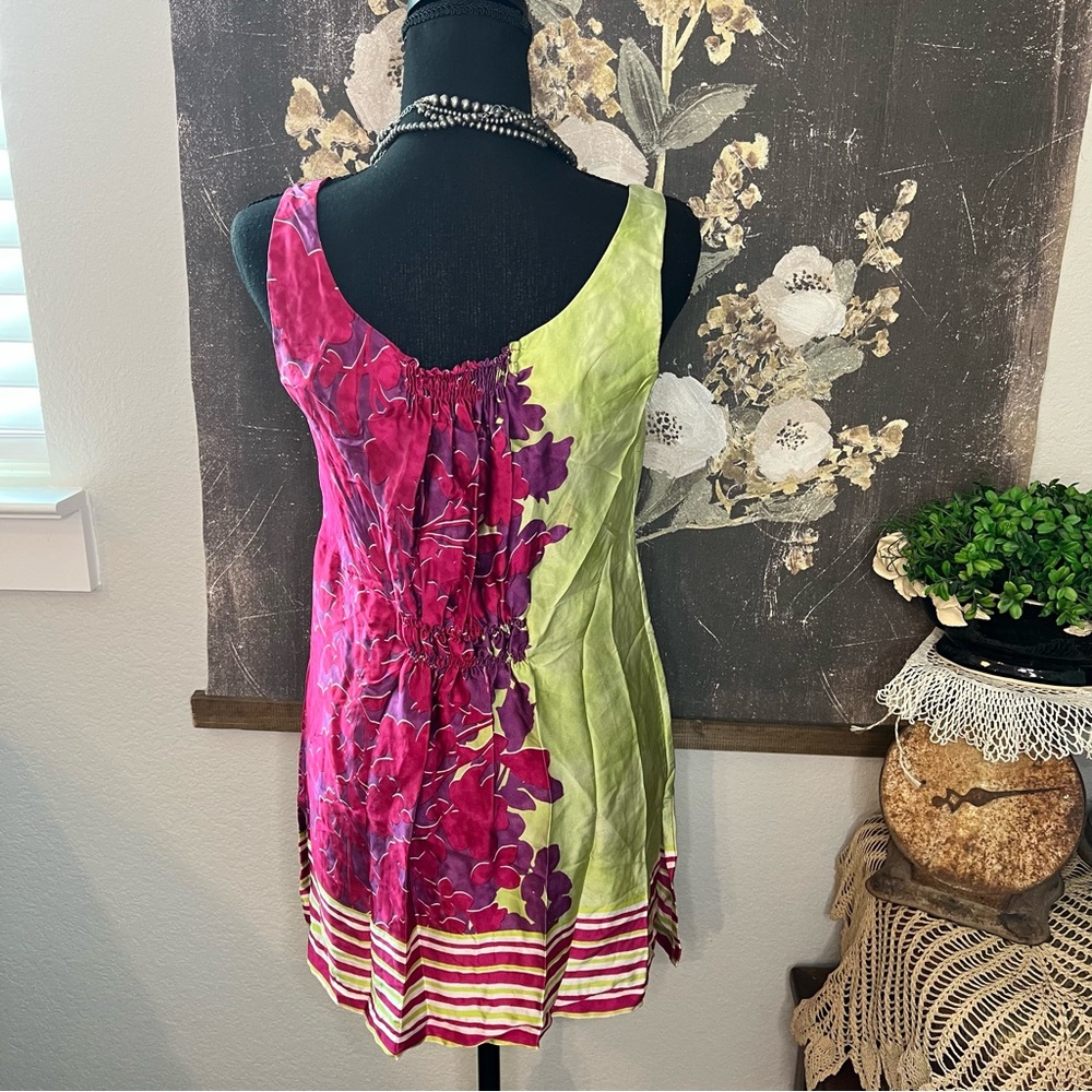 Cabi 100% Silk Pink Green Floral Stripe Color Block Sleeveless Tunic Blouse Sz S - Picture 3 of 11
